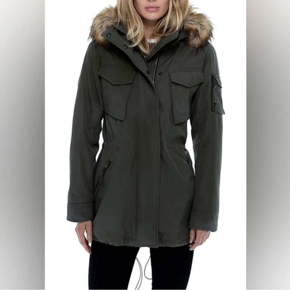 S13 Black Parka Anorak Coat Jacket with Faux Fur Hood Size Small S Neutral Warm